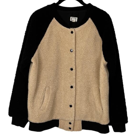 Movint Colorblock Raglan Sleeve Fleece Bomber Jacket L Black Tan Teddy - Picture 3 of 9
